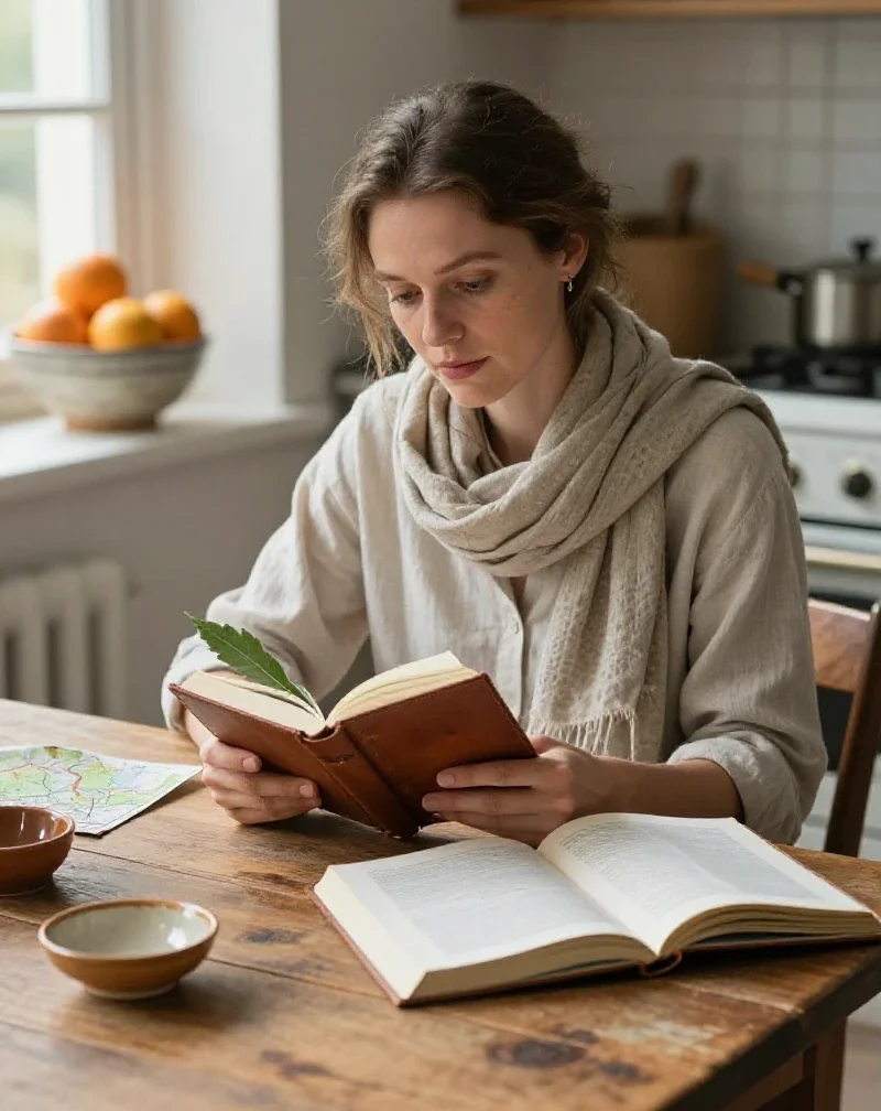 Une femme curieuse feuillette un carnet de voyage et des recettes pour s'évader.
